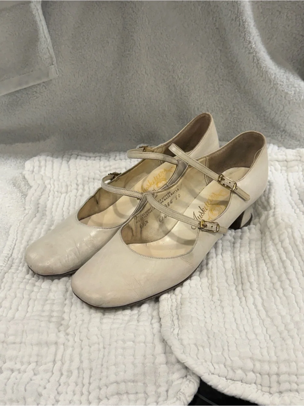 Cream Mary Jane Low Heel Pumps with Double Straps